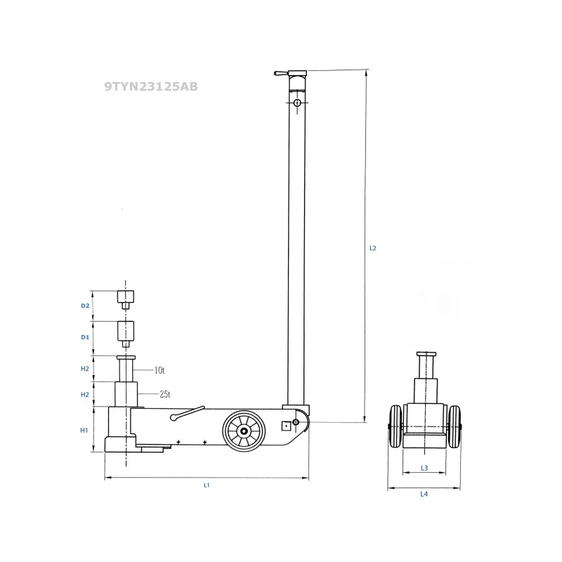 Cric hydropneumatique à 2 étages 10/25TCric hydropneumatique King Tony 10/25T deux étages, sécurité CE, soupapes anti-reflux et surcharges. 9TYN23125AB