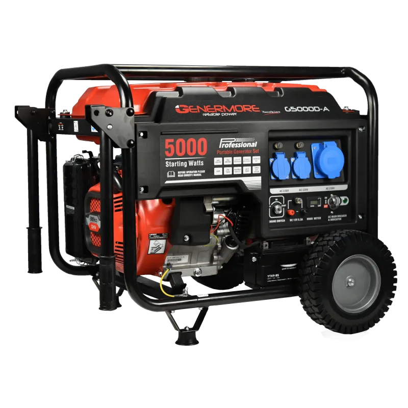 Groupe électrogène G5000D-A 4500 W GENERMORELe groupe électrogène G5000D-A offre une puissance de 4500 W et une autonomie de 10 heures grâce à son réservoir de 25 L. Ce modèle silencieux est équipé d'un régulateur de tension AVR et de trois prises 230V.G5000D-A