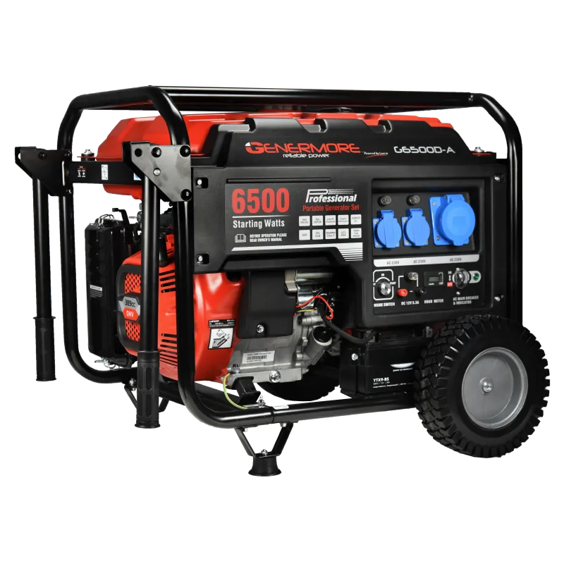 Groupe électrogène G6500D-A 5500 W GENERMORELe groupe électrogène G6500D-A offre une puissance de 5500 W et une autonomie de 9 heures grâce à son réservoir de 25 L. Ce modèle silencieux est équipé d'un régulateur de tension AVR et de trois prises 230V.G6500D-A