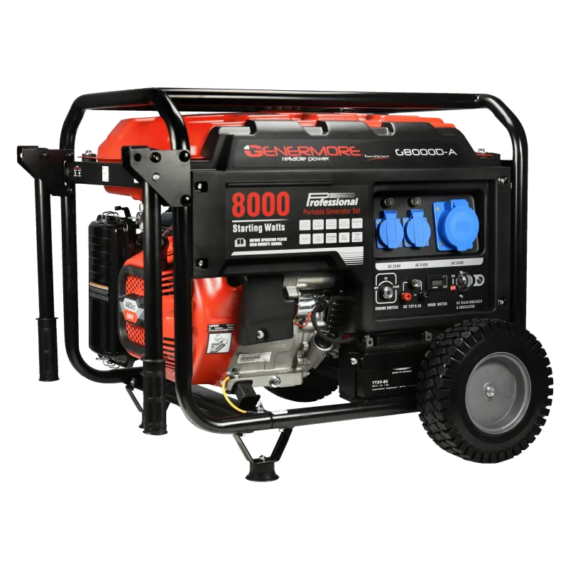 Groupe électrogène G8000D-A 6500 W GENERMORELe groupe électrogène G8000D-A offre une puissance de 6500 W et une autonomie de 10 heures grâce à son réservoir de 25 L. Ce modèle silencieux est équipé d'un régulateur de tension AVR et de trois prises 230V.G8000D-A