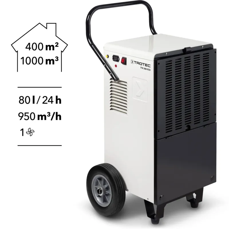 Déshumidificateur professionnel TTK 380 ECODégivrage automatique par gaz chaud Connexion externe pour hygrostat Compteur horaire Haute capacité de déshumidification Solution particulièrement économique pour les applications typiques de déshumidification dans le secteur commercial1120001160