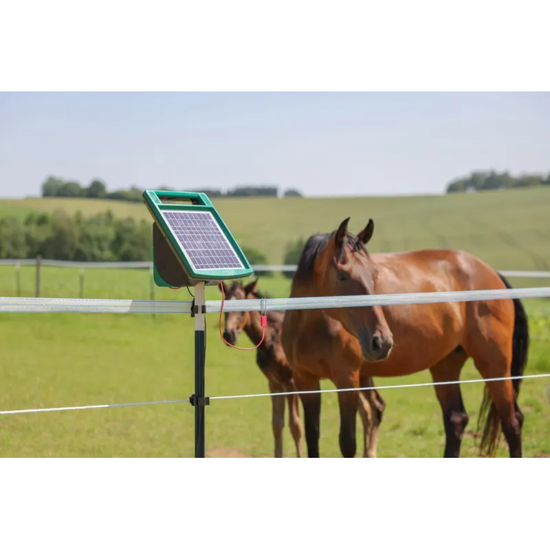 Sun Power S 1000 electrificateur 12 V avec module solaire 8WEfficace, robuste, durable : AKO Sun Power S 1000. La batterie 12 volts fournie et le panneau solaire 8 watts installé à demeure, associés à la gestion intelligente de la batterie et au circuit à faible consommation d’énergie, permettent un fonctionnement continu sans entretien pendant la principale saison de pâturage.La poignée de transport intégrée au boîtier et le canal de positionnement pour le montage sur piquet permettent un alignement optimal, en tous lieux.372950